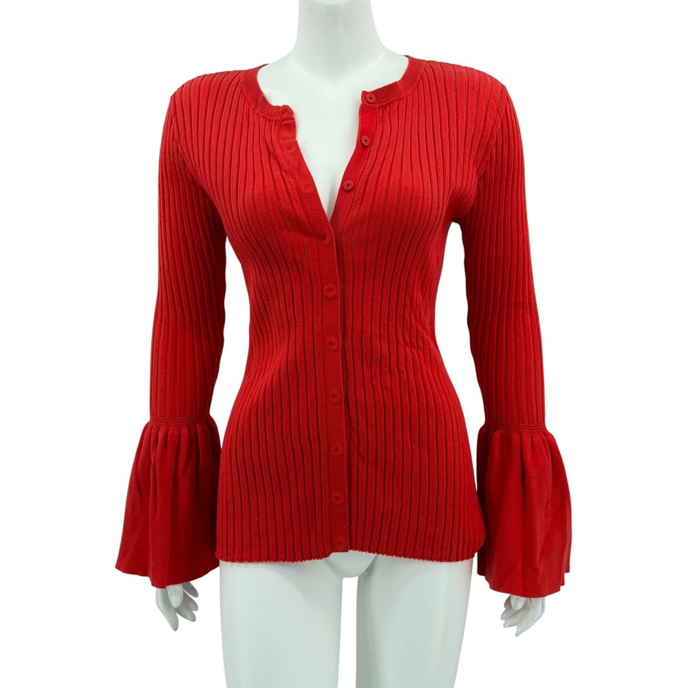 Cabi Sweater Womens M Hibiscus Trumpet Cardigan Preppy Autumn Bell Sleeve 5285